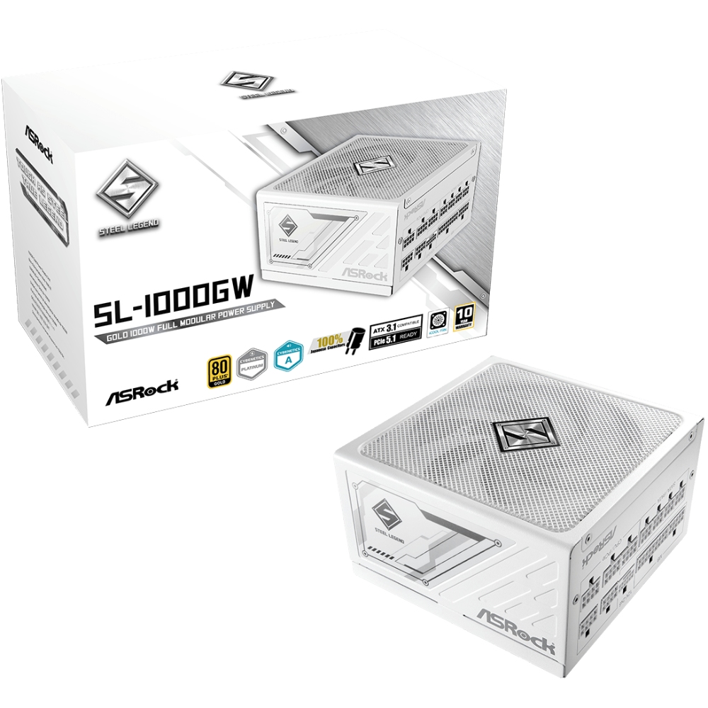 БЖ 1000W ASRock SteelLegend White SL-1000GW ATX 3.1 135mm, 80+ Gold, Fully Modular, Retail (SL-1000GW)