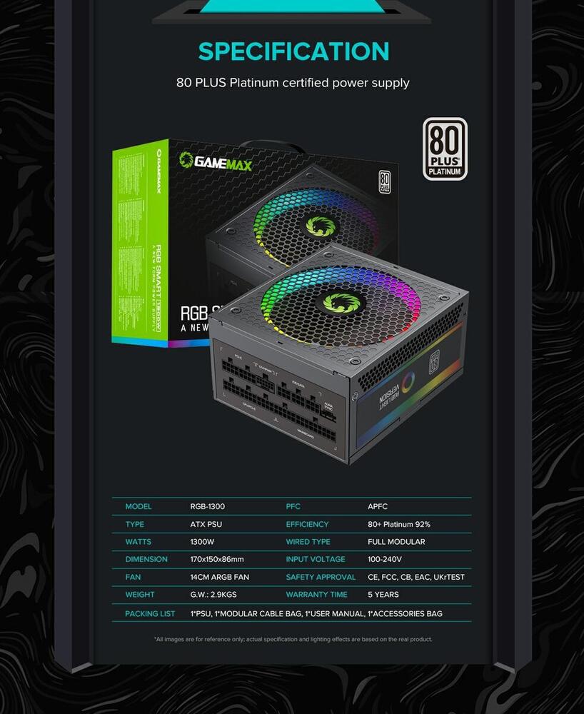 Блок живлення ATX 1300W, 80 Platinum,RGB Smart  fa n 140mm,fully modularOPP, OVP, UVP, OCP, OTP, SCP RGB-1300 (ATX3.1 PCIe5.1) GAMEMAX (RGB-1300 (ATX3.1 PCIe5.1))