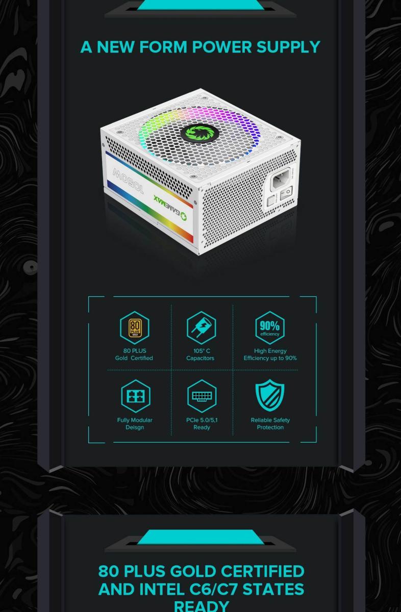 Блок живлення 1050W, 80 Gold,ARGB ring fan 140mm,f ully modularOPP, OVP, UVP, OCP, OTP, SCP RGB1050 PRO WH (ATX3.1PCIe5.1) GAMEMAX (RGB1050 PRO WH (ATX3.1PCIe5.1))