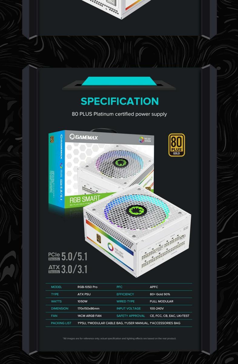 Блок живлення 1050W, 80 Gold,ARGB ring fan 140mm,f ully modularOPP, OVP, UVP, OCP, OTP, SCP RGB1050 PRO WH (ATX3.1PCIe5.1) GAMEMAX (RGB1050 PRO WH (ATX3.1PCIe5.1))