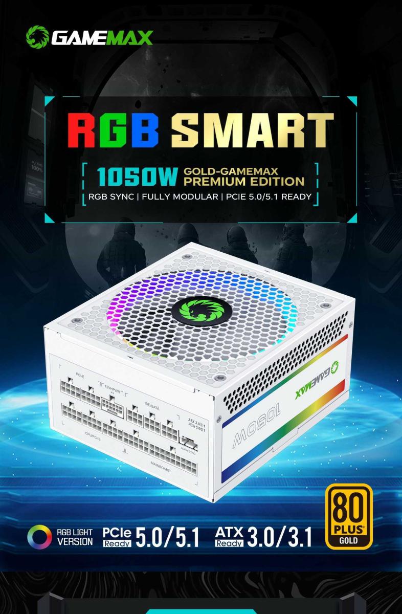 Блок живлення 1050W, 80 Gold,ARGB ring fan 140mm,f ully modularOPP, OVP, UVP, OCP, OTP, SCP RGB1050 PRO WH (ATX3.1PCIe5.1) GAMEMAX (RGB1050 PRO WH (ATX3.1PCIe5.1))