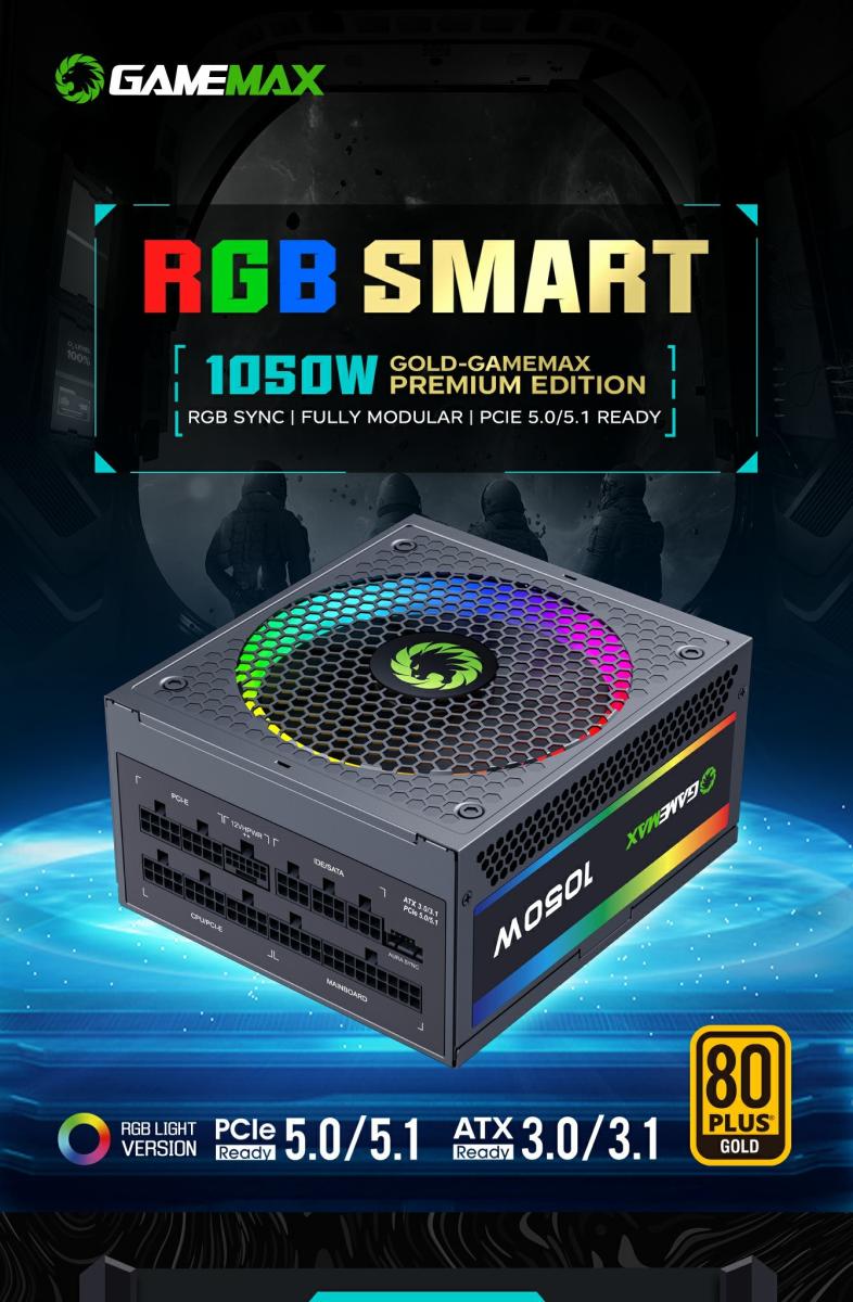 Блок живлення 1050W, 80 Gold,ARGB ring fan 140mm,f ully modularOPP, OVP, UVP, OCP, OTP, SCP RGB1050 PRO (ATX3.1 PCIe5.1) GAMEMAX (RGB1050 PRO (ATX3.1 PCIe5.1))