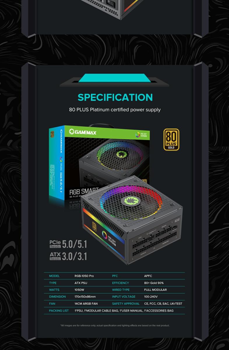 Блок живлення 1050W, 80 Gold,ARGB ring fan 140mm,f ully modularOPP, OVP, UVP, OCP, OTP, SCP RGB1050 PRO (ATX3.1 PCIe5.1) GAMEMAX (RGB1050 PRO (ATX3.1 PCIe5.1))