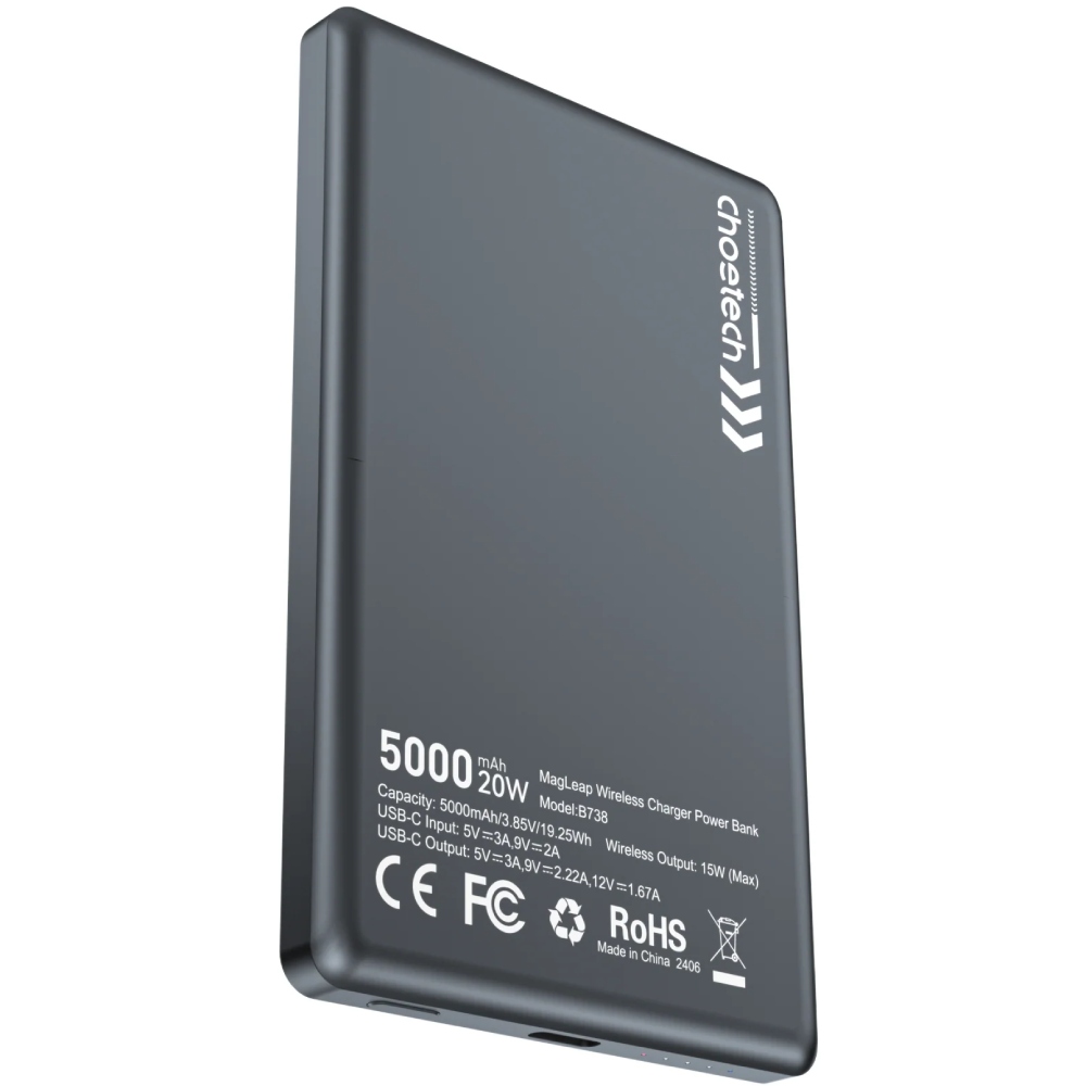 УМБ Choetech Magnetic Wireless 5000mAh 20W PD Qi-15W  USB-C In/Out, тонкий, чорний (B738-CCBK)