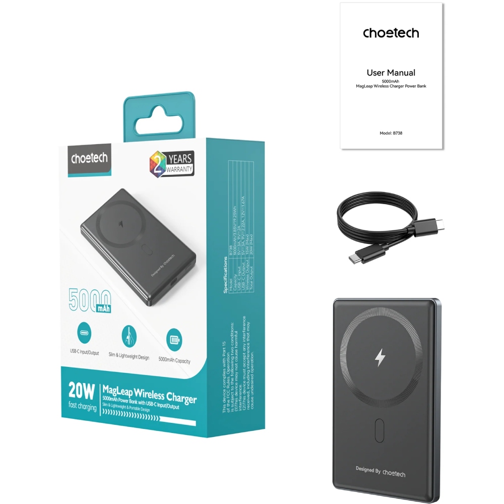 УМБ Choetech Magnetic Wireless 5000mAh 20W PD Qi-15W  USB-C In/Out, тонкий, чорний (B738-CCBK)