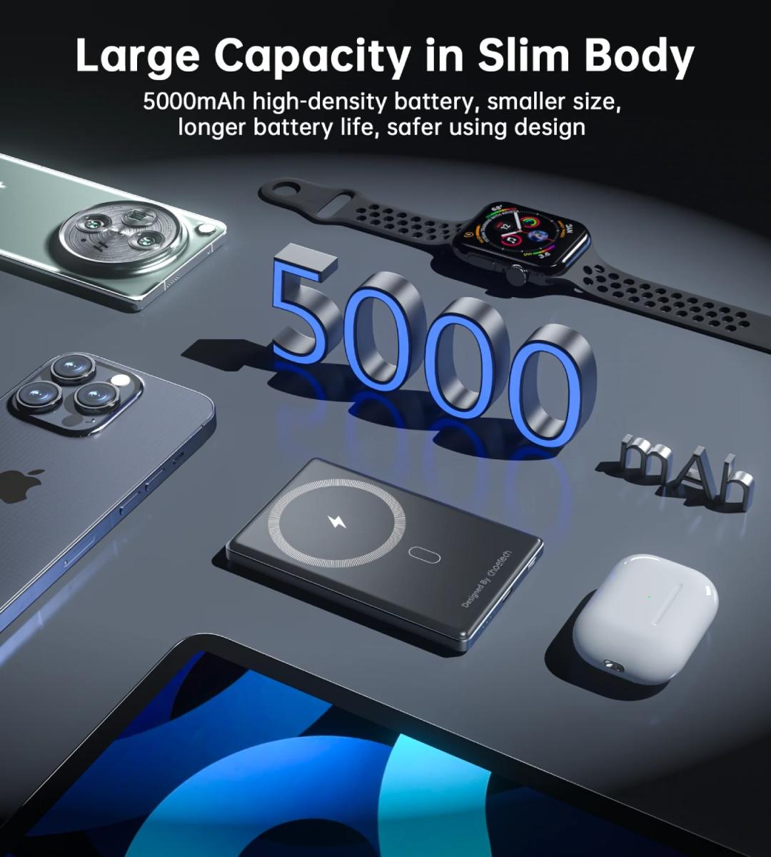 УМБ Choetech Magnetic Wireless 5000mAh 20W PD Qi-15W  USB-C In/Out, тонкий, чорний (B738-CCBK)