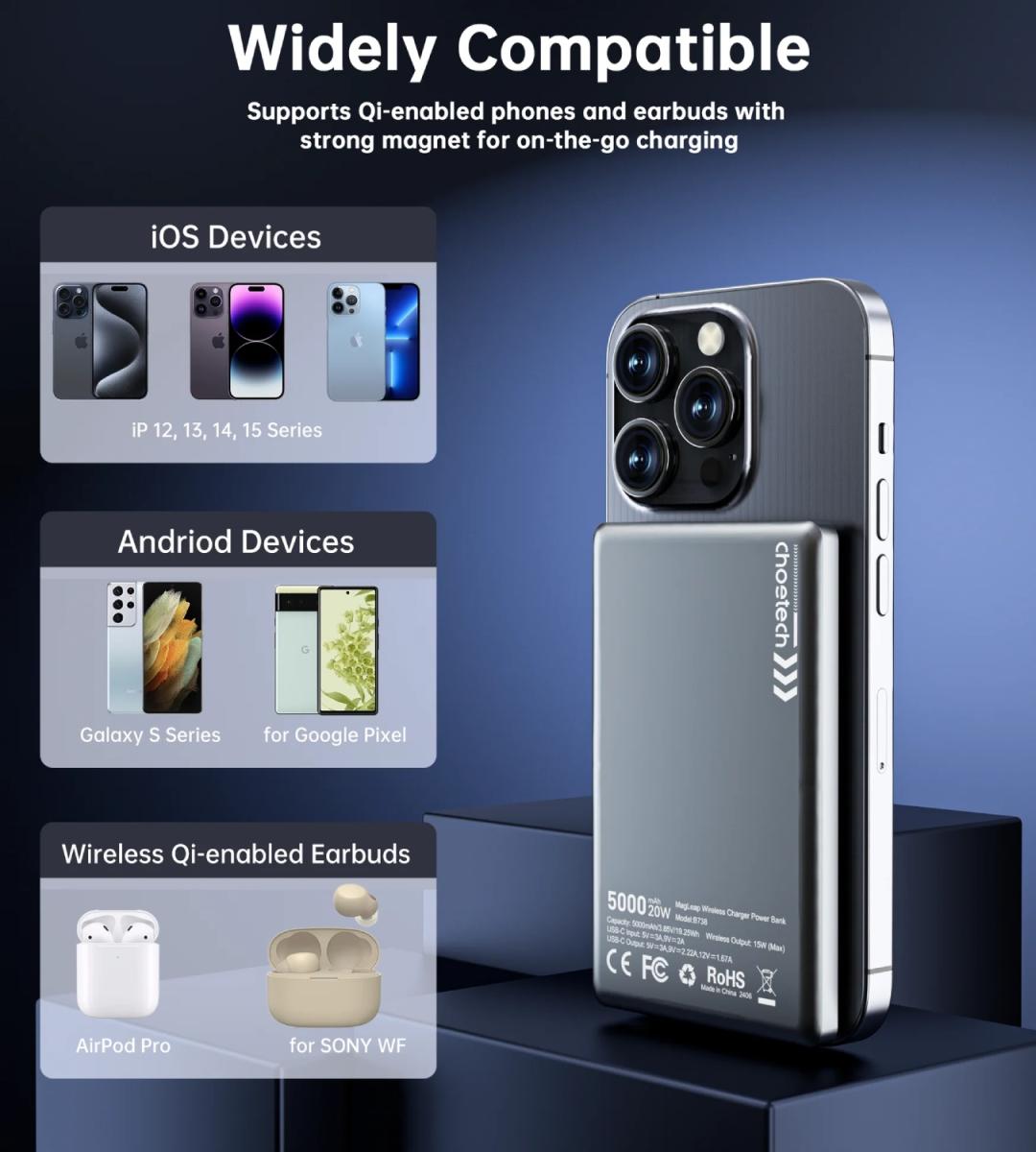 УМБ Choetech Magnetic Wireless 5000mAh 20W PD Qi-15W  USB-C In/Out, тонкий, чорний (B738-CCBK)