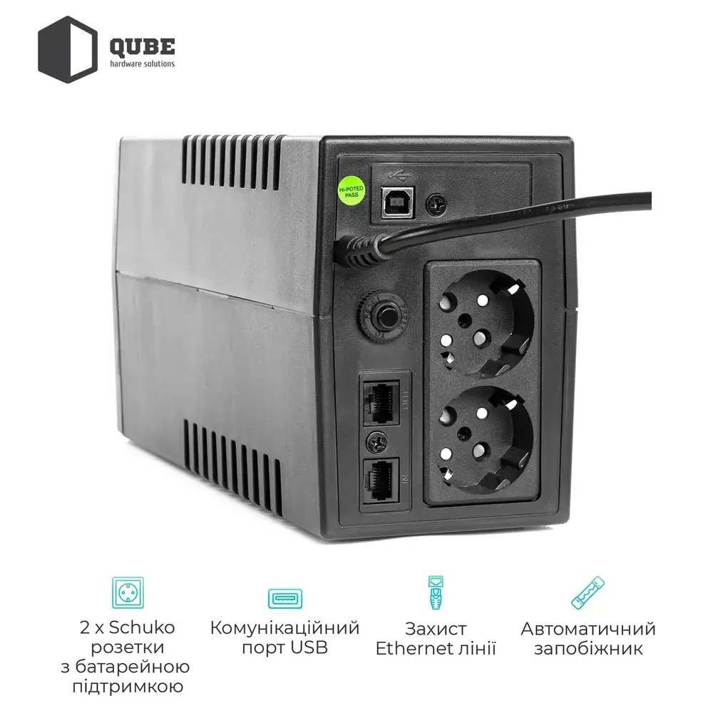 ДБЖ (UPS) лінійно - інтерактивний Qube DG 850, 850VA/480W, LCD, 2 x Schuko, RJ-45, USB (QBDG850) (1739993)