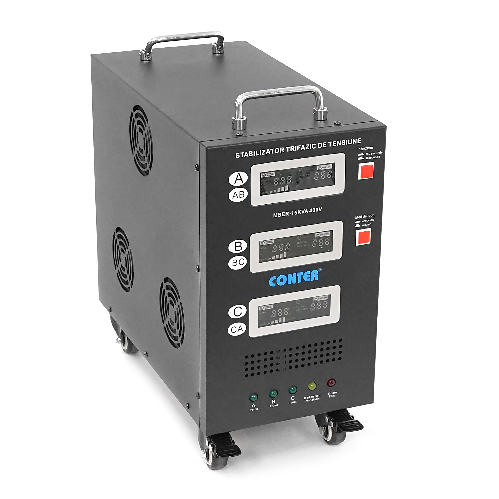 Стабілізатор напруги Conter MSER-15KVA/12KW-400V-V2 трифазний сервопривід монтажу підлоги LED дисплей діап225-450V AC400±3% колодка 416x219x352 mm 33.8kg