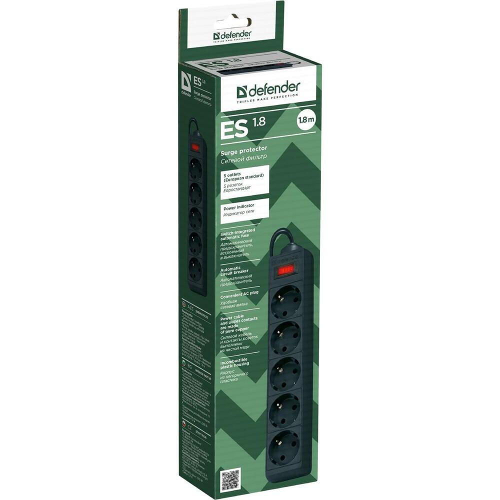 Power filtr 1,8м Defender ES, чорний , 5 розеток, з вимикачем (994840) (1614906)