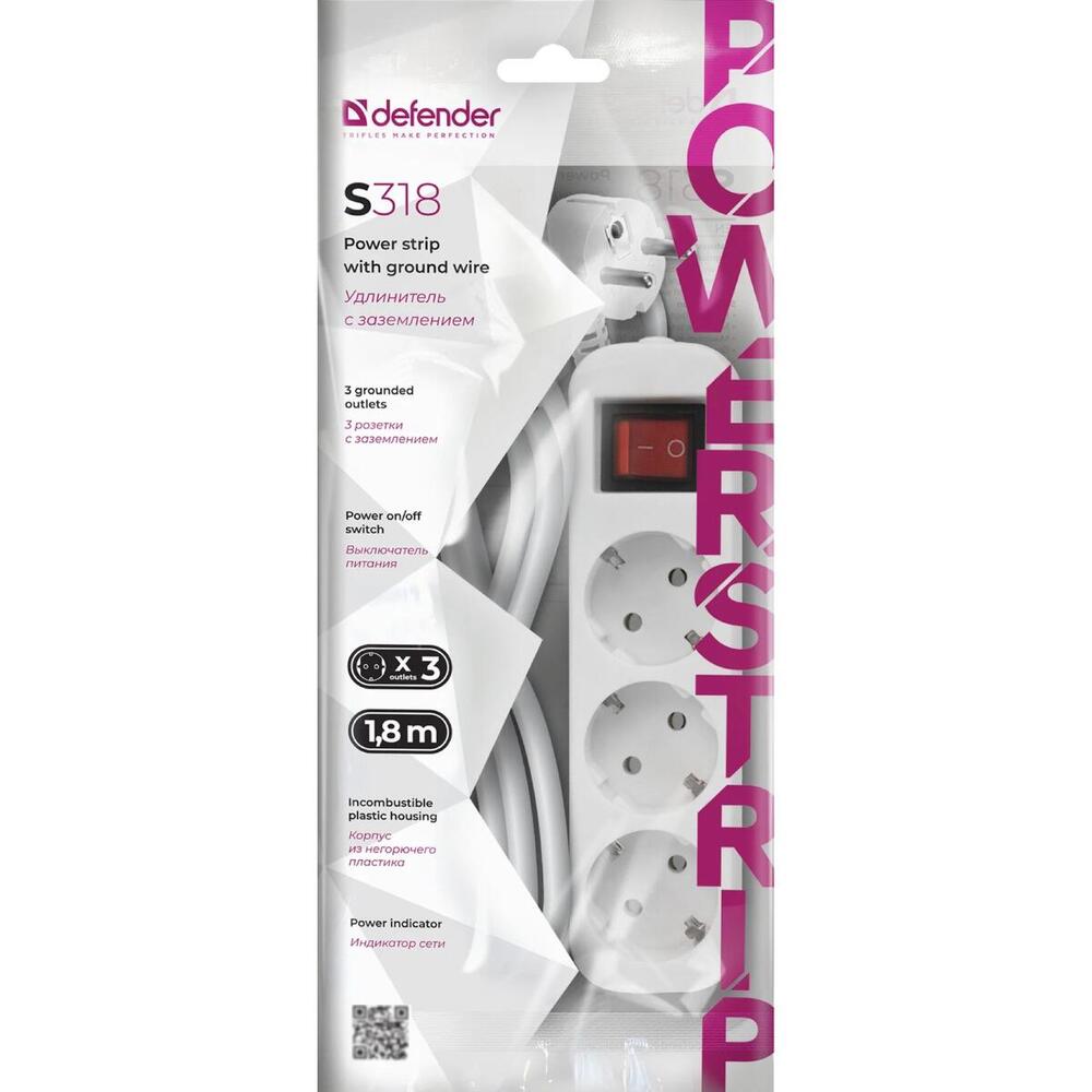 Power filtr 1.8м Defender S318, Вимикач, 3 розетки, з заземленням (992330) (1666307)