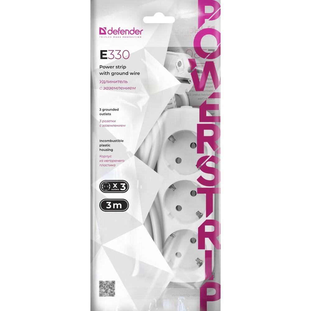 Power filtr 3.0м Defender E330, білий, 3 розетки, з заземленням (992220) (1614908)