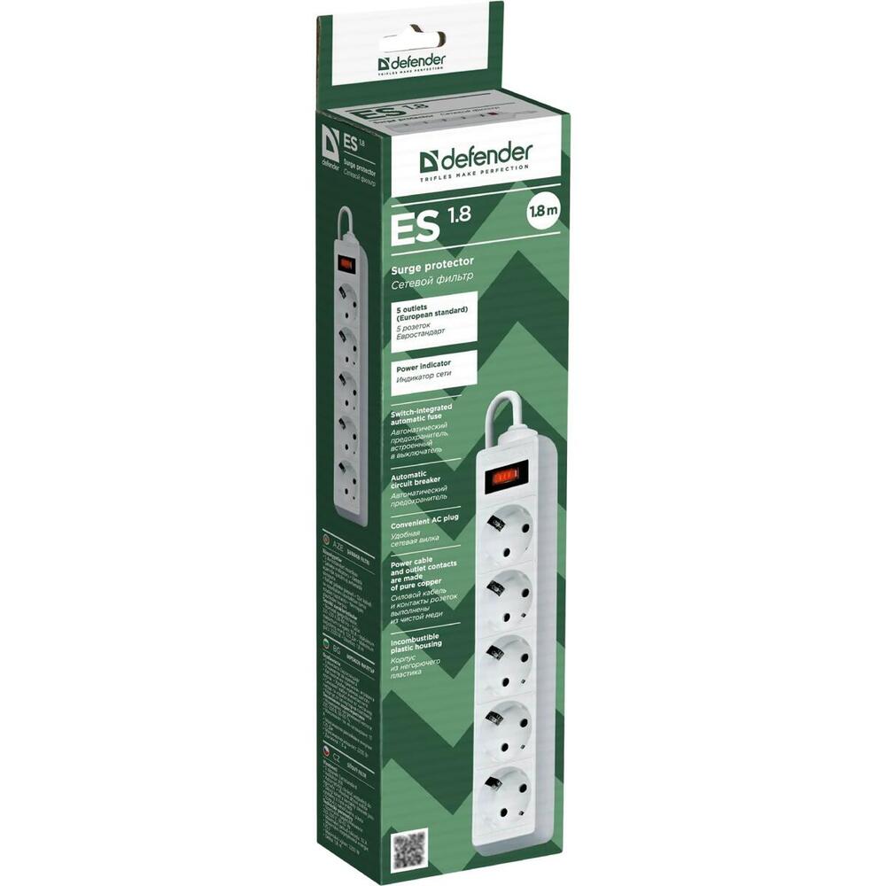 Power filtr 1,8м Defender ES, 5 розеток, білий (994810) (1666309)