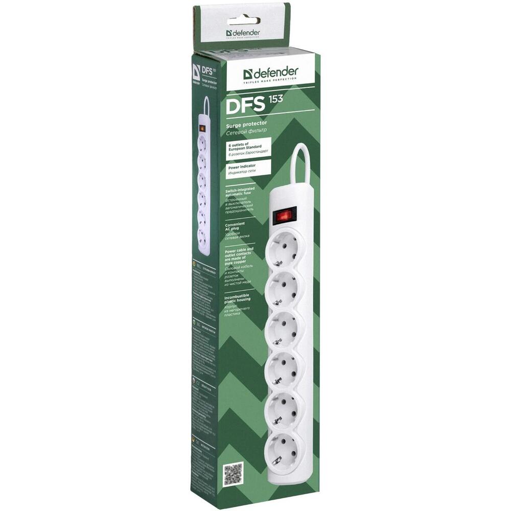 Power filtr 3,0м Defender DFS 153, 6 розеток, білий (994900) (1666310)