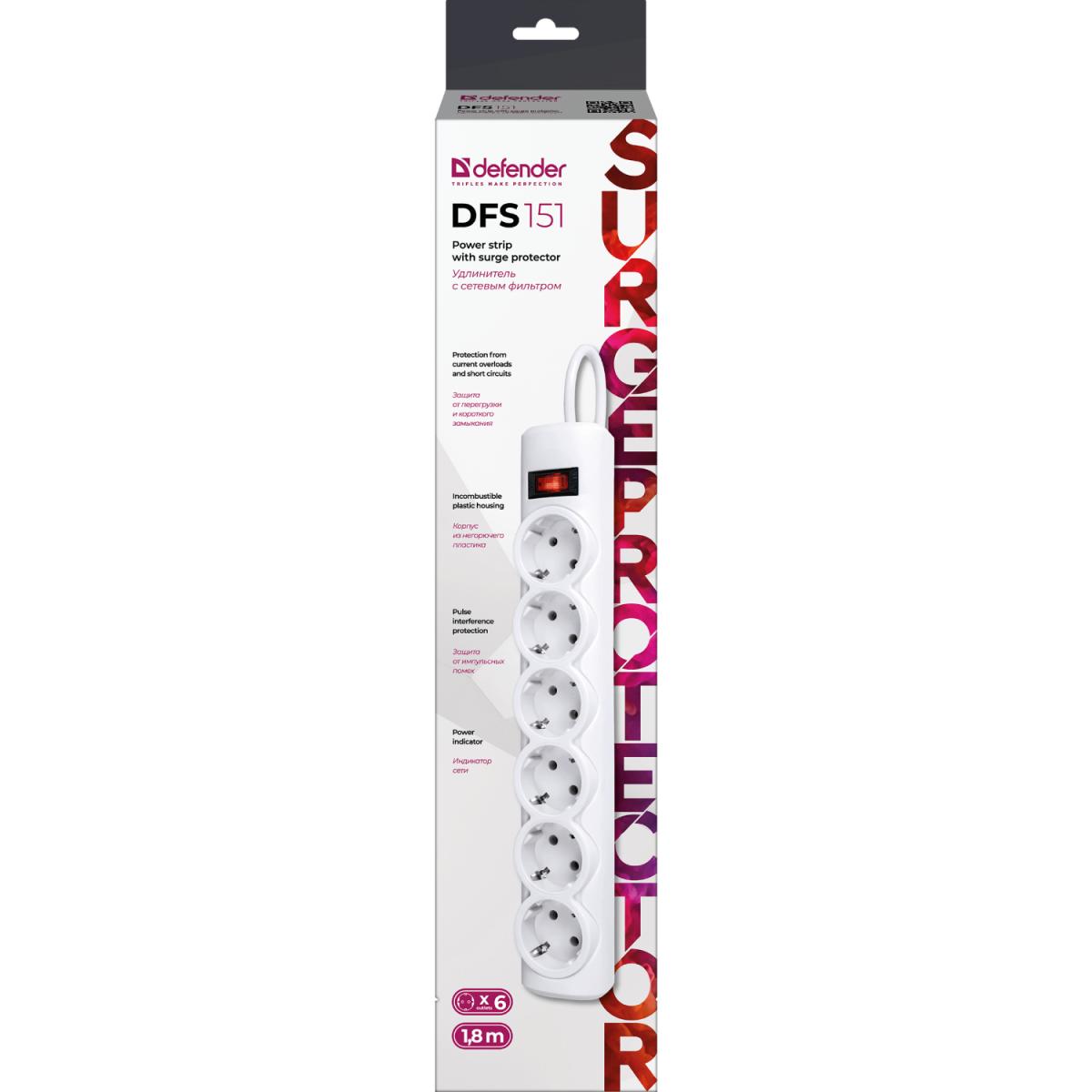 Power filtr 1.8м Defender DFS151, 6 розеток, білий (994890)