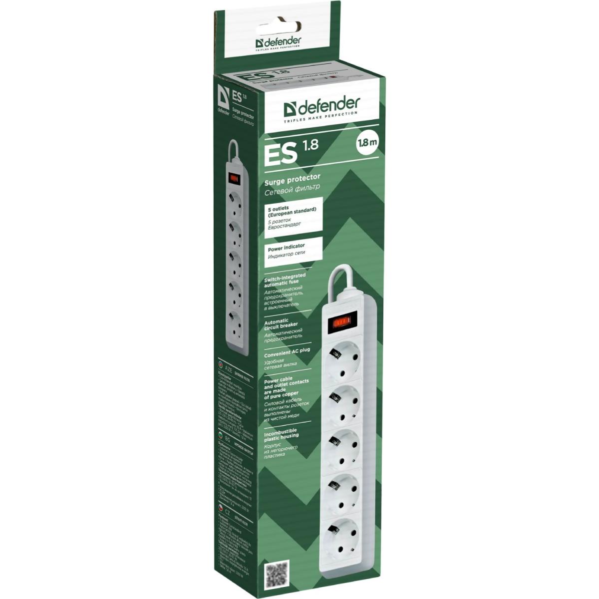 Power filtr 1.8м Defender ES1.8, 5 розеток, білий (994810)