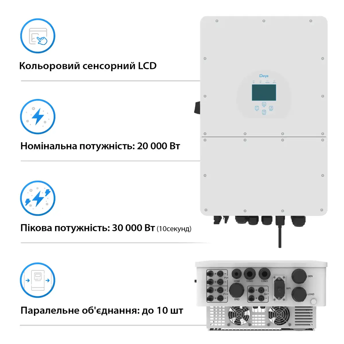 Гібридний інвертор DEYE SUN-20K 20kW HV-battery 2 MPPT Wi-Fi 220V/380V 3-ph(SUN-20K-SG01HP3-EU-AM2)