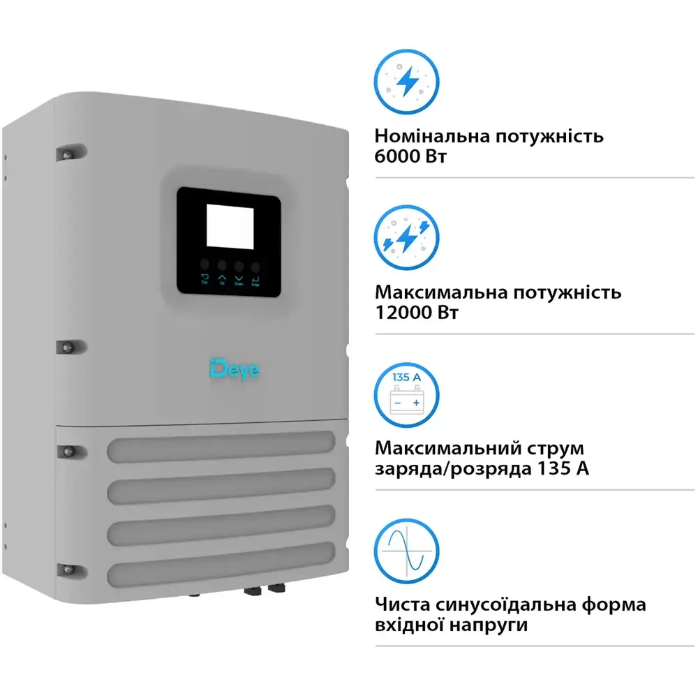 Автономний інвертор DEYE SUN-6K-OG01LP1-EU-AM2 6kW 2 MPPT 230V Однофазний
