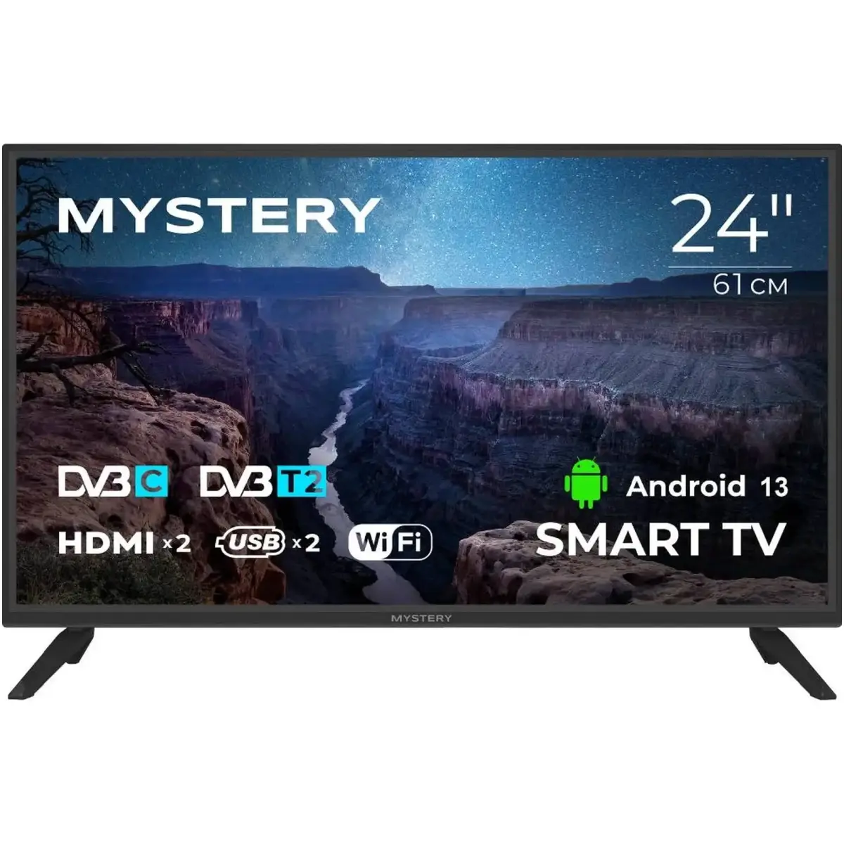 Телевiзор 24 Mystery MTV-2450HST2 HD Ready/T2/Smart TV/Android 11/USB 2.0/Wi-Fi/Black (MTV-2450HST2) (1410519)