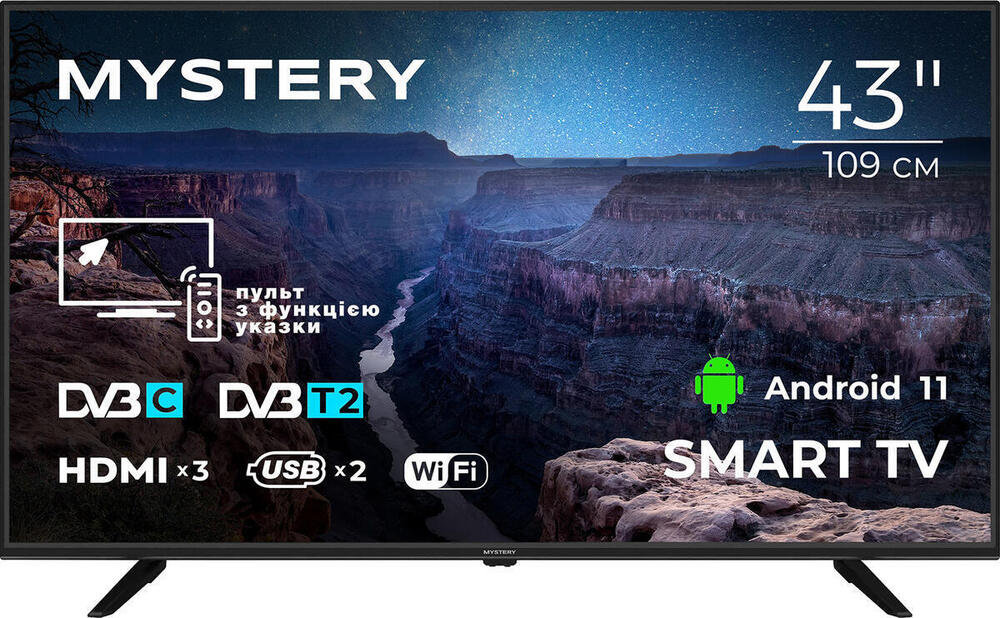 Телевiзор 43 Mystery MTV-4350FST2 Full HD/Smart/Android 11/2xUSB 2.0/Wi-Fi/Miracast/Black (MTV-4350FST2) (1410379)