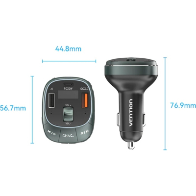 FM модулятор Vention PD 54W 3-Port USB (C+A+A) LED/USB Flash/Bluetooth, вольтметр (FFLB0) (1805965)