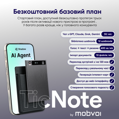 Цифровий диктофон Mobvoi TicNote with IA Shadow 64GB Black (NE-79)