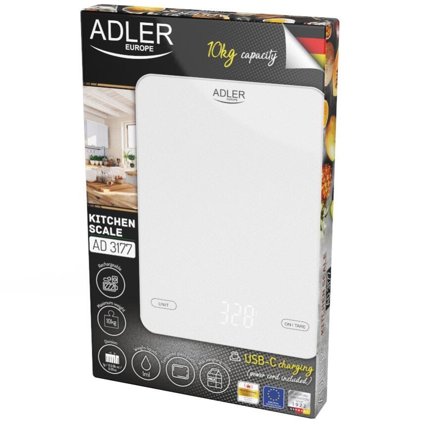 Ваги кухонні Adler AD 3177 white електронні/ 10кг/ г; мл, унція/ USB type C/ автовимкнення/ скло (AD3177W)
