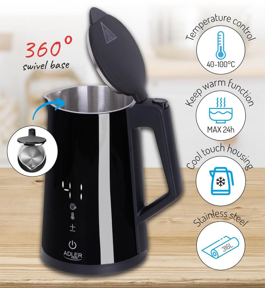 Електрочайник Adler AD 1345 black 1850-2200Вт/ 1.7л/ STRIX/ встановлення температури/ (AD1345B)