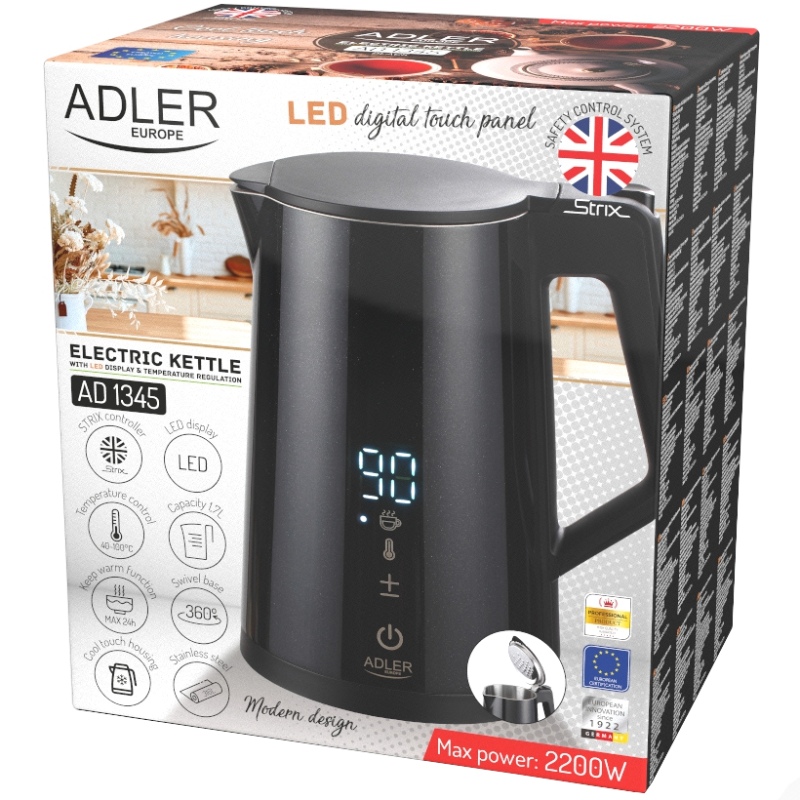 Електрочайник Adler AD 1345 black 1850-2200Вт/ 1.7л/ STRIX/ встановлення температури/ (AD1345B)