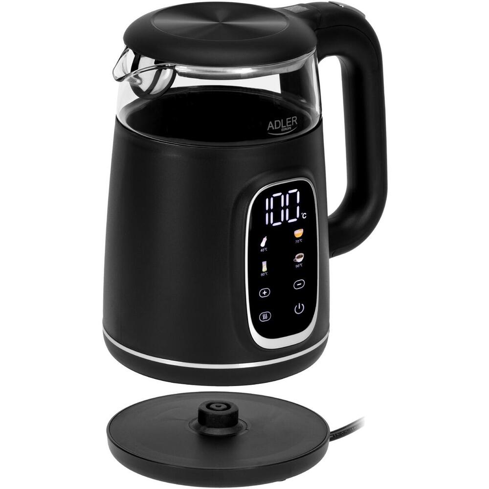 Електрочайник Adler AD 1305 black silver 1850-2200Вт/ 1.7л/ скло/ встановлення температури/ (AD1305BS)