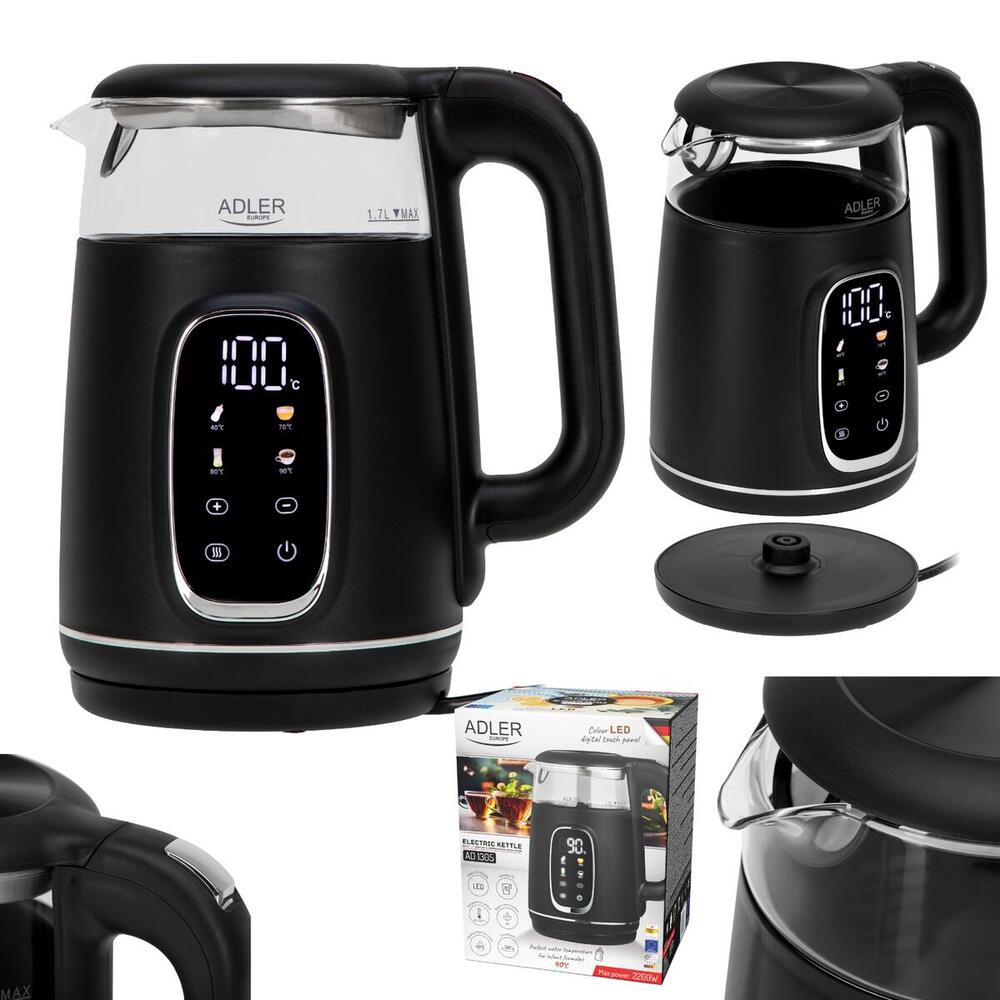 Електрочайник Adler AD 1305 black silver 1850-2200Вт/ 1.7л/ скло/ встановлення температури/ (AD1305BS)