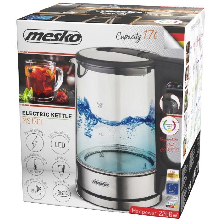 Електрочайник Mesko MS 1301 black 1850-2200Вт/ 1.7л/ скло/ встановлення температури (MS1301B)