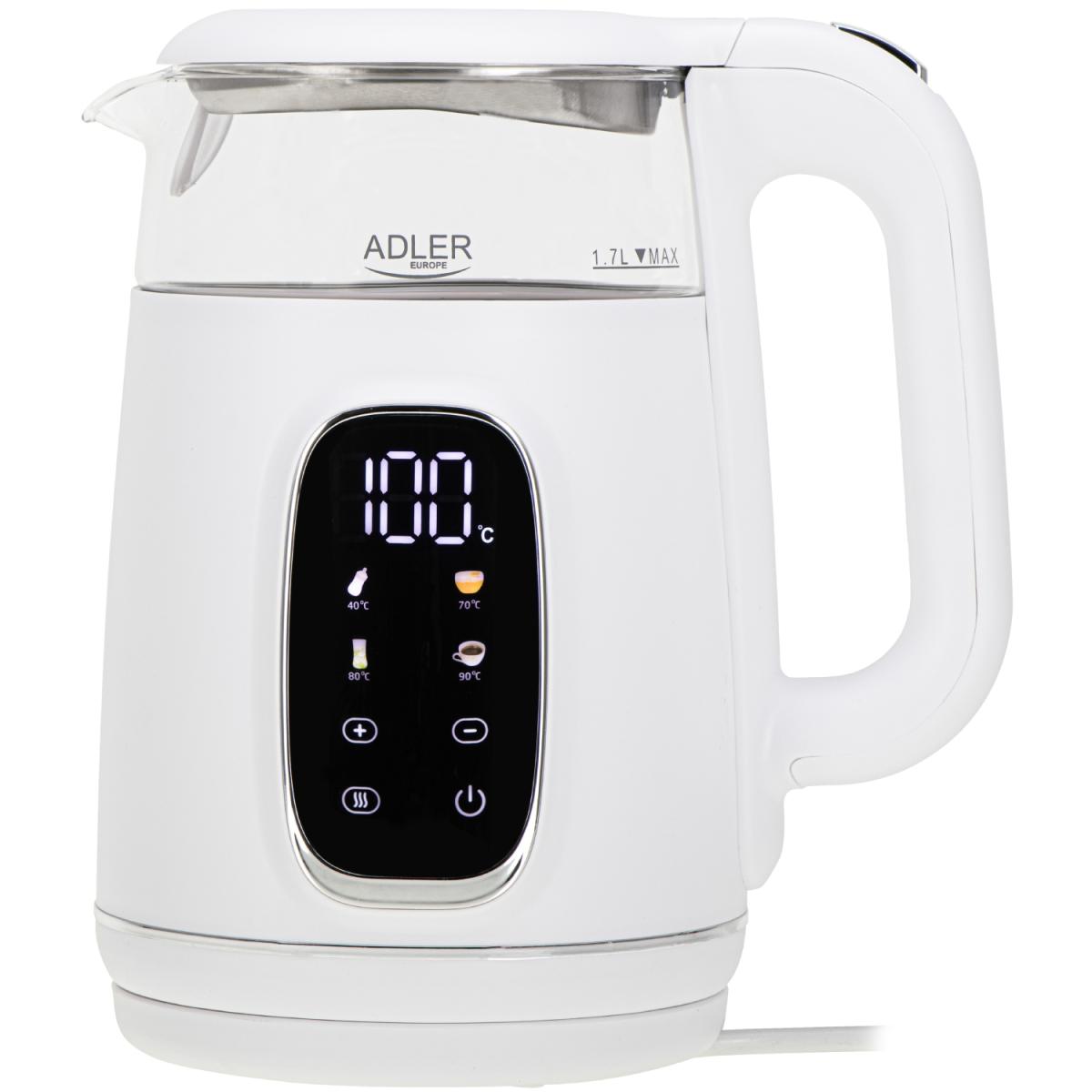 Електрочайник Adler AD 1305 white silver 1850-2200Вт/ 1.7л/ скло/ встановлення температури/ (AD1305WS)