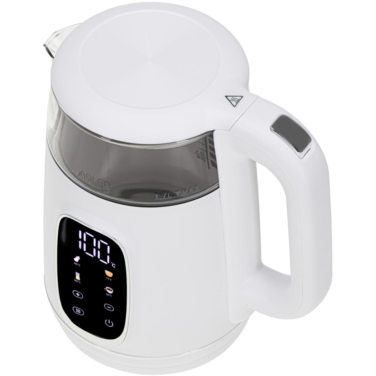 Електрочайник Adler AD 1305 white silver 1850-2200Вт/ 1.7л/ скло/ встановлення температури/ (AD1305WS)