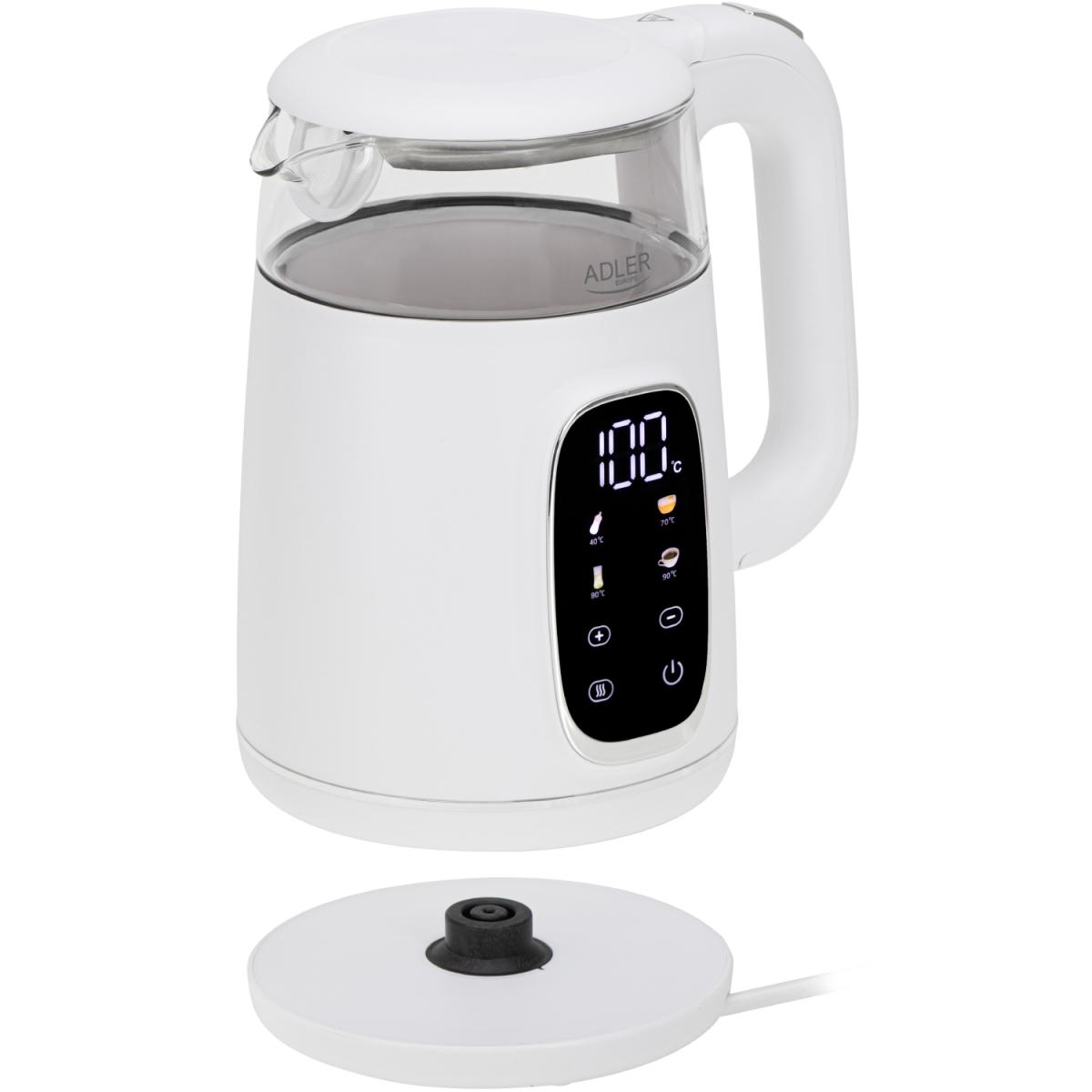 Електрочайник Adler AD 1305 white silver 1850-2200Вт/ 1.7л/ скло/ встановлення температури/ (AD1305WS)
