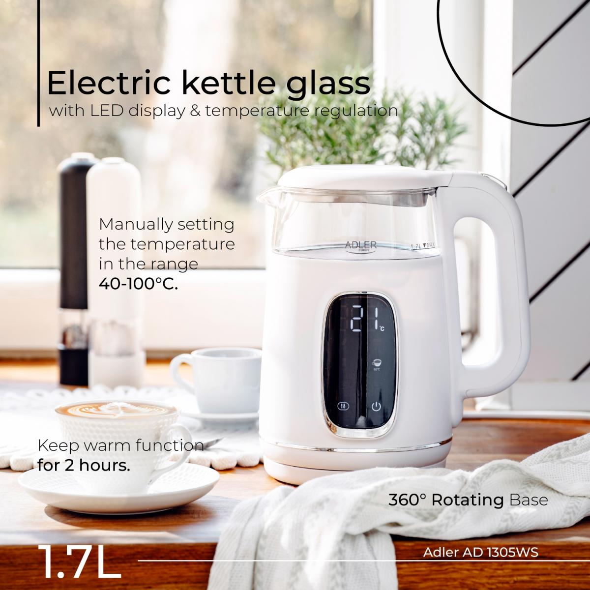 Електрочайник Adler AD 1305 white silver 1850-2200Вт/ 1.7л/ скло/ встановлення температури/ (AD1305WS)