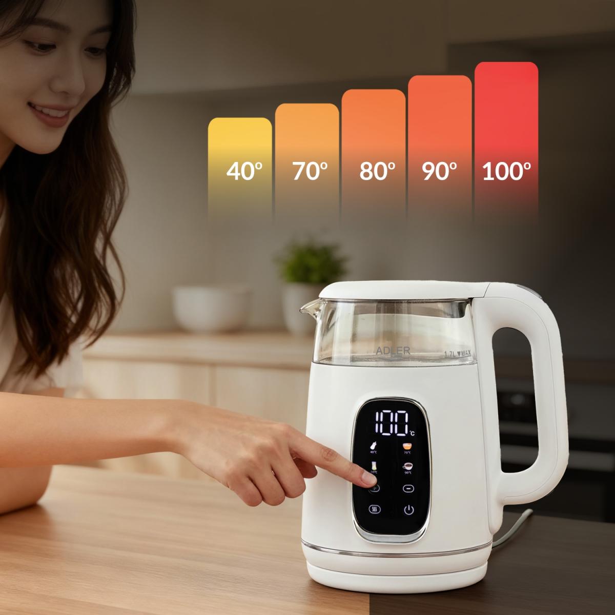 Електрочайник Adler AD 1305 white silver 1850-2200Вт/ 1.7л/ скло/ встановлення температури/ (AD1305WS)