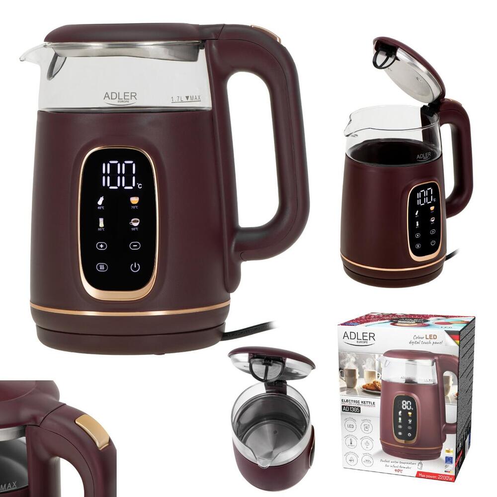 Електрочайник Adler AD 1305 burgundy 1850-2200Вт/ 1.7л/ скло/ встановлення температури/ (AD1305BU)