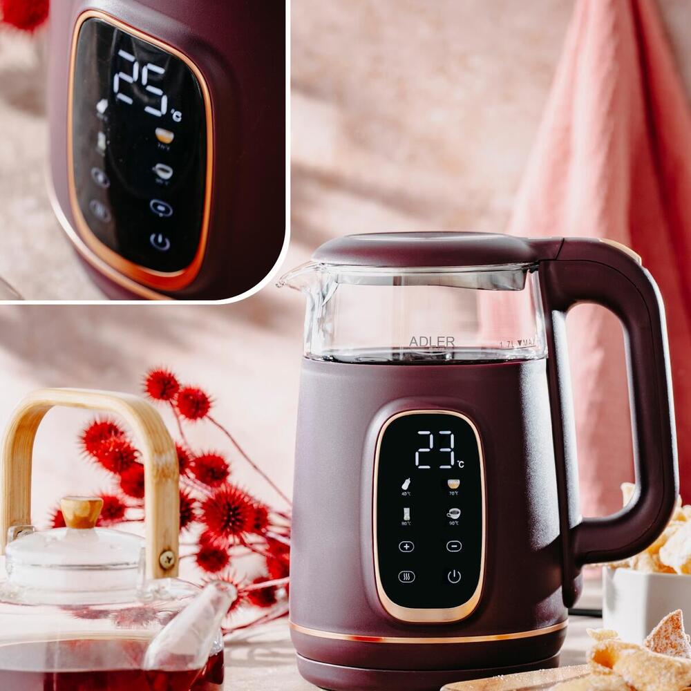Електрочайник Adler AD 1305 burgundy 1850-2200Вт/ 1.7л/ скло/ встановлення температури/ (AD1305BU)