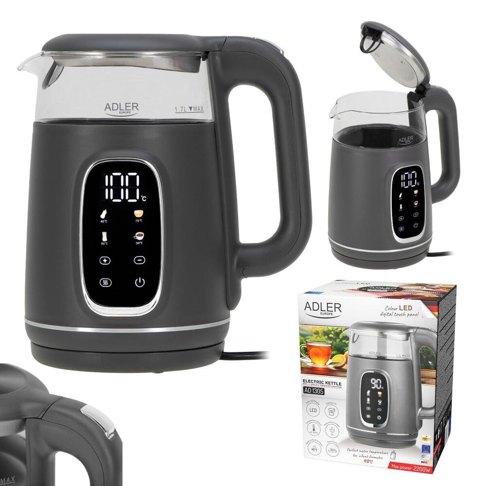 Електрочайник Adler AD 1305 grey 1850-2200Вт/ 1.7л/ скло/ встановлення температури/ (AD1305GS)