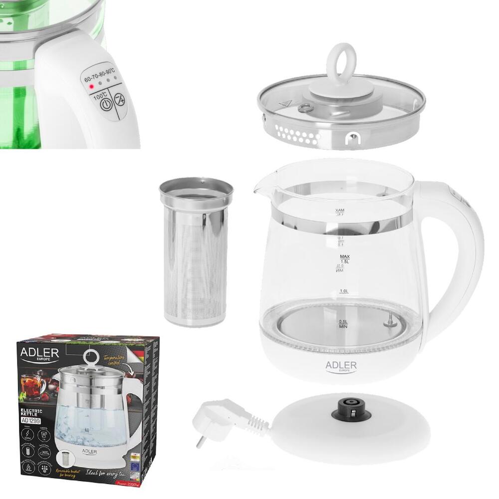 Електрочайник Adler AD 1299 1850-2200Вт/ 1.5л/ скло/ заварник/ встановлення температури/ білий (AD1299)