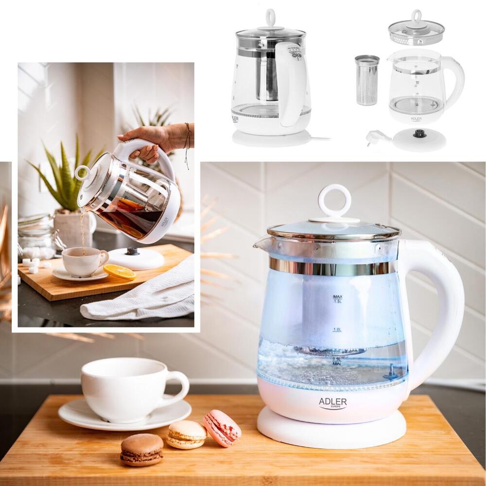 Електрочайник Adler AD 1299 1850-2200Вт/ 1.5л/ скло/ заварник/ встановлення температури/ білий (AD1299)