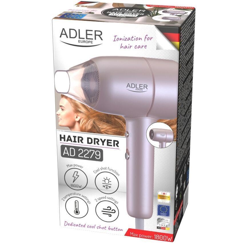 Фен Adler AD 2279p pink 1800Вт/ 2 швидкості/ хол.обдув/ темп.режимів-2/іонізація/ насадки - 1 шт. (AD2279P)