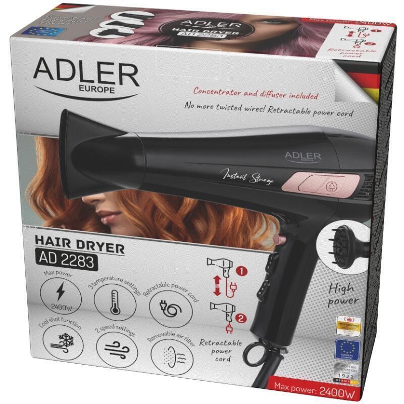 Фен Adler AD 2283 black 2400Вт/ 2 швидкості/ хол.обдув/ темп.режимів-3/ ахист від перегріву (AD2283B)