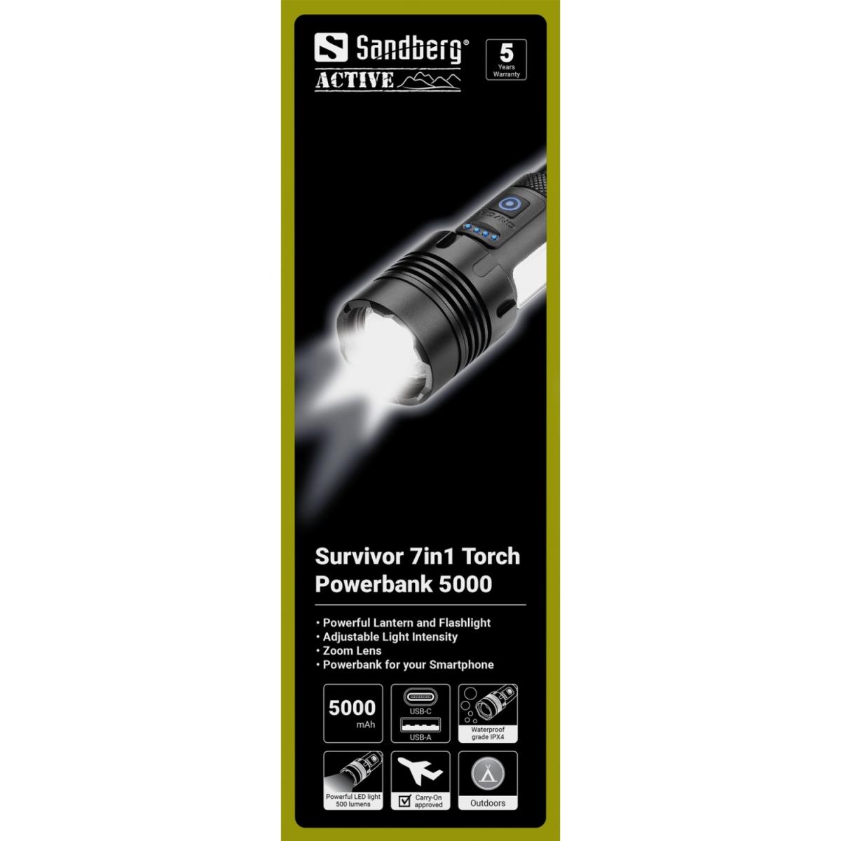 Ліхтарик-повербанк Sandberg Survivor 7 in 1 Torch Powerbank 5000 mAh XHP50 LED USB-C 5W (421-08)