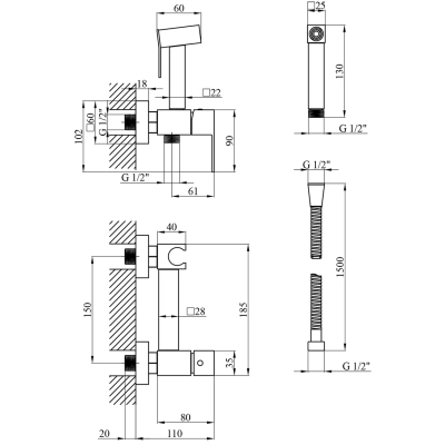 Душовий гарнітур Kroner Edelstahl Kubus-SCH082 + змішувач Edelstahl Kubus-SCH010 + змішувач Edelstah