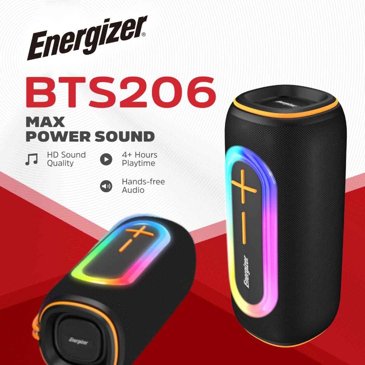Акустична система 1.0 Energizer 20Вт Bluetooth 5.2/MicroSD/USB/AUX/FM,IPX65, 360° Sound чорна (BTS206)