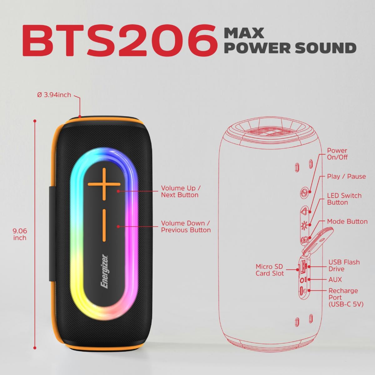 Акустична система 1.0 Energizer 20Вт Bluetooth 5.2/MicroSD/USB/AUX/FM,IPX65, 360° Sound чорна (BTS206)