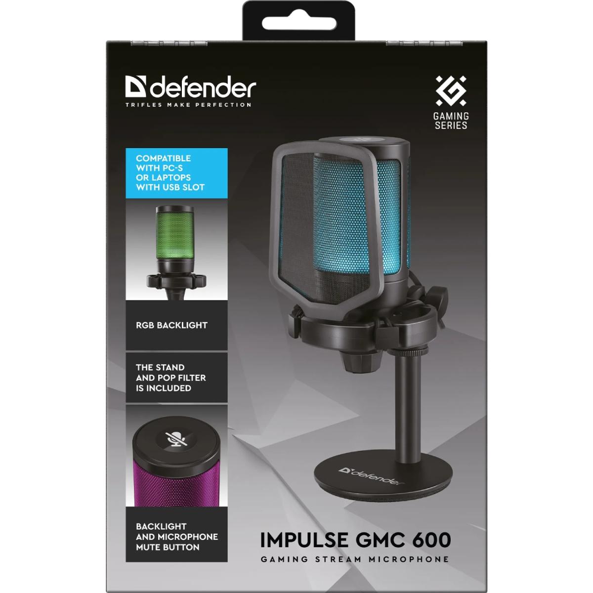 Ігровий стрім мікрофон Defender Impulse GMC 600 USB, RGB, 1.8м чорний (64660)
