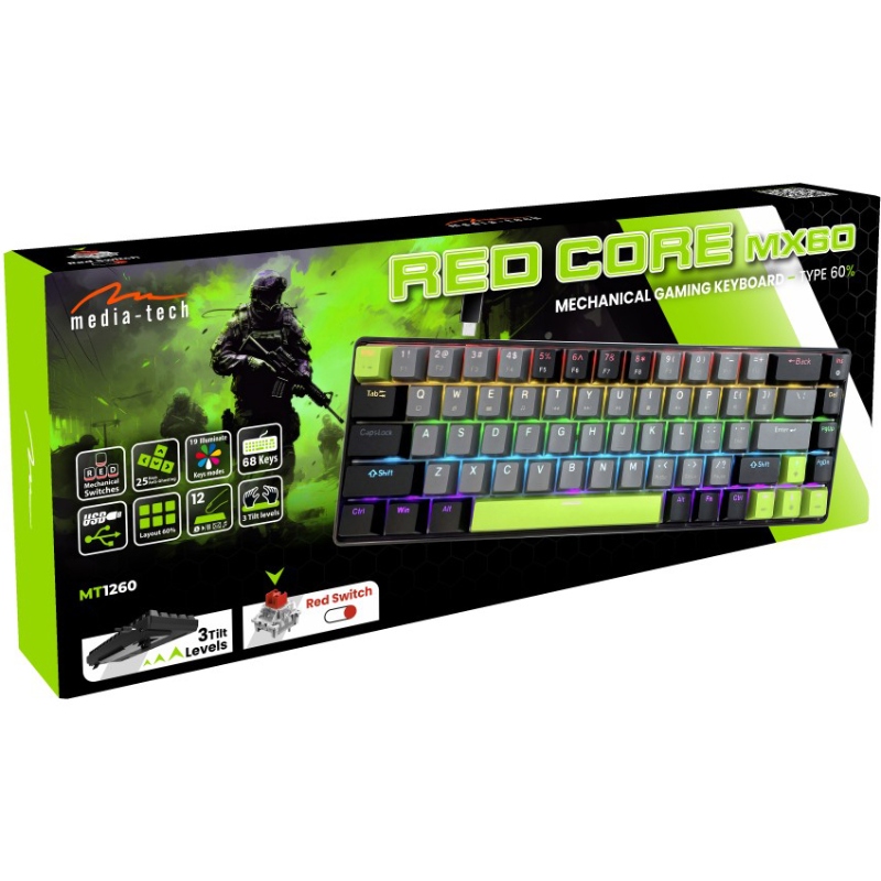 Клавіатура ігрова механічна Media-Tech MT1260 RED CORE MX60, Anti-Ghosting, 68кл, PC/Mac (MT1260)